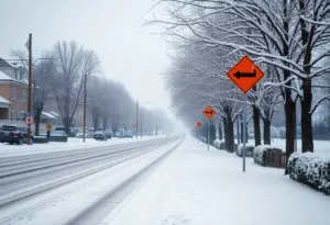 Snow-covered street in Greater Cincinnati during winter storm.
