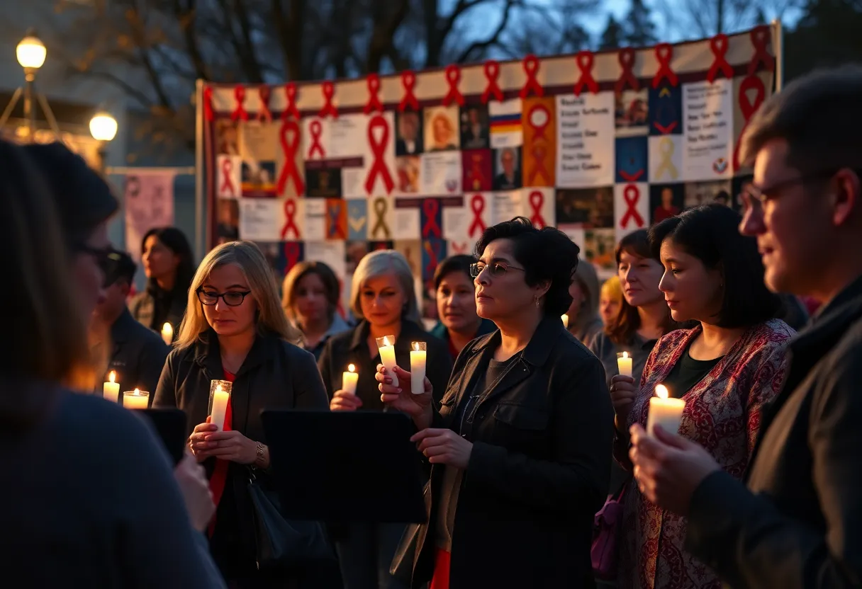 Candlelight vigil for World AIDS Day with community members and an AIDS Memorial Quilt.