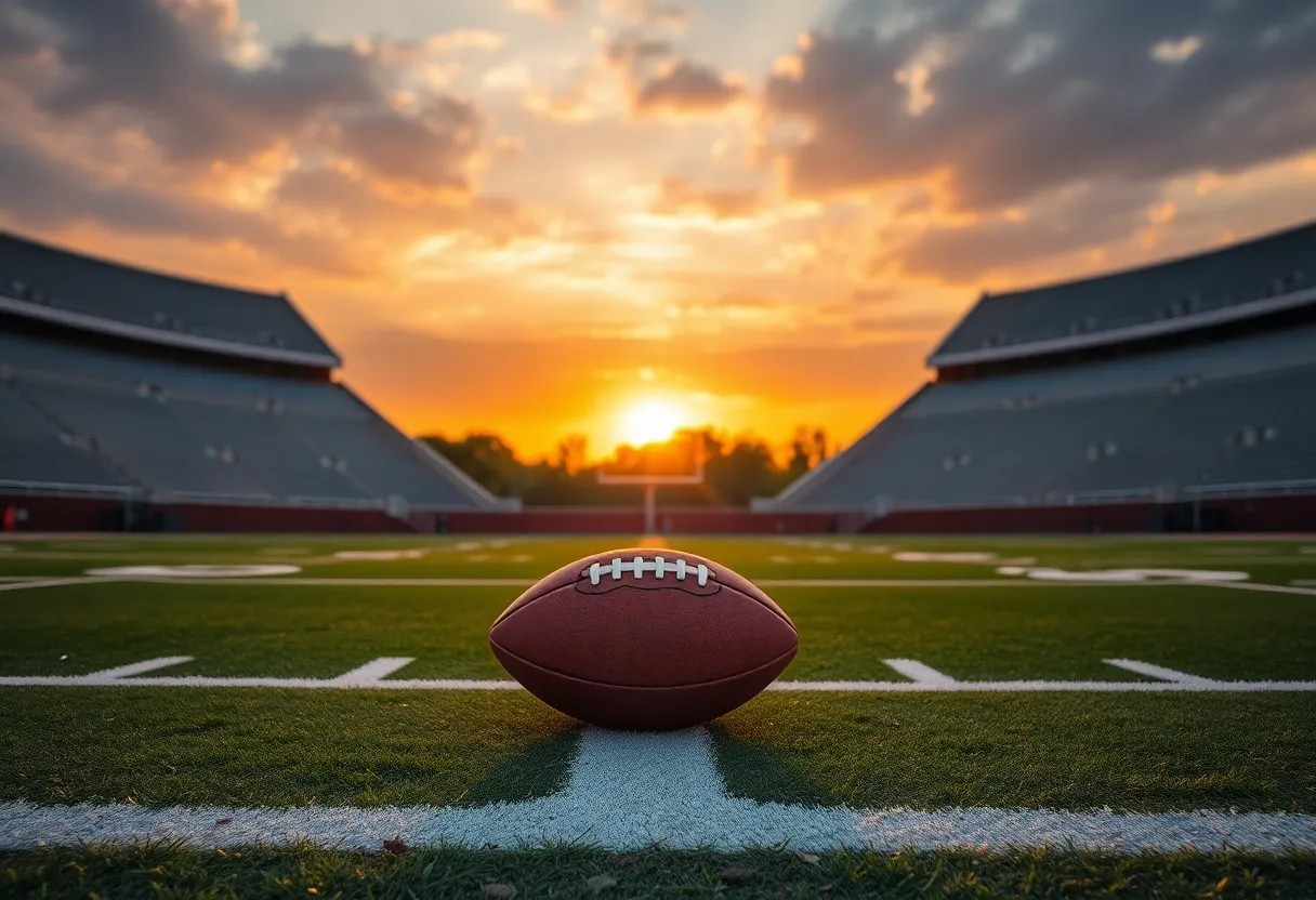 A football field at sunset with empty bleachers and a football on the field.
