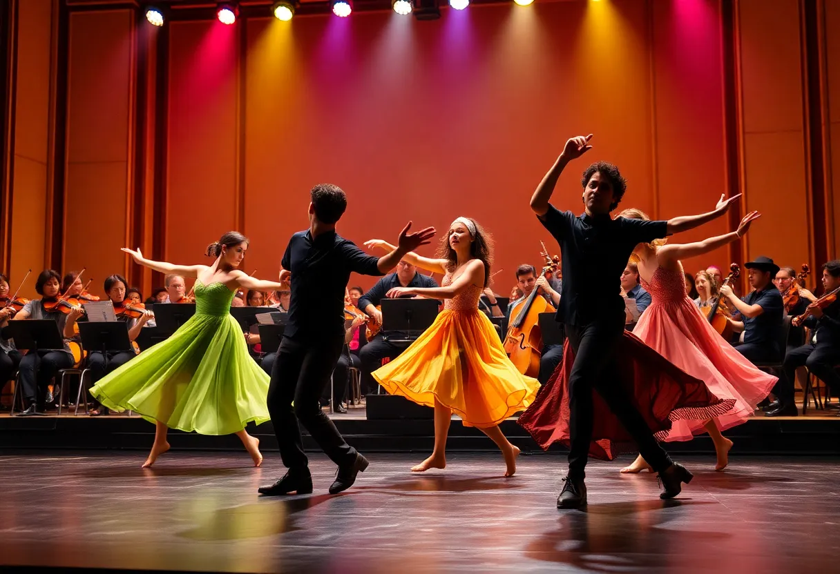 Dance performance with orchestra in the background