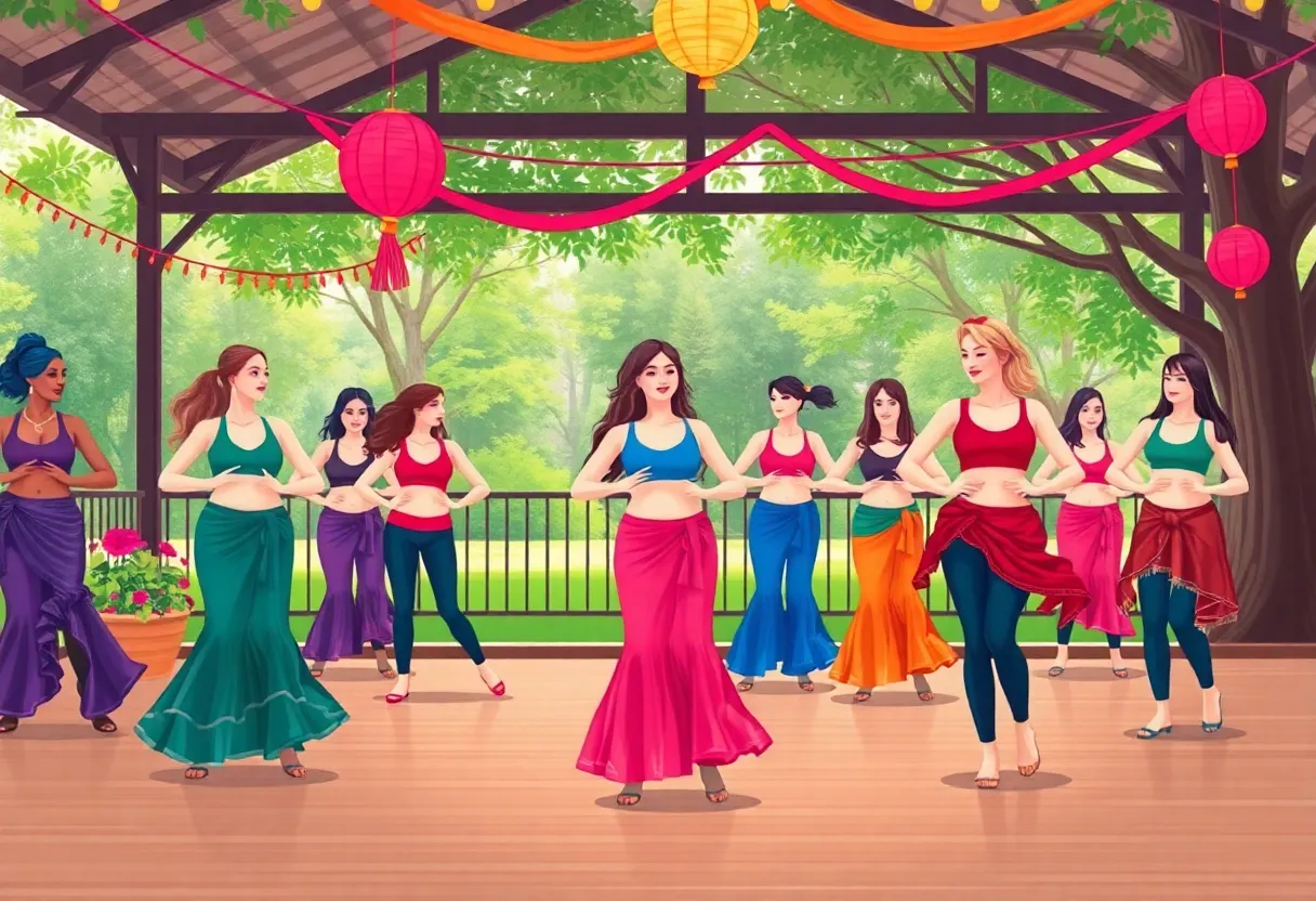 Participants enjoying a belly dancing workout class in Broad Ripple Park