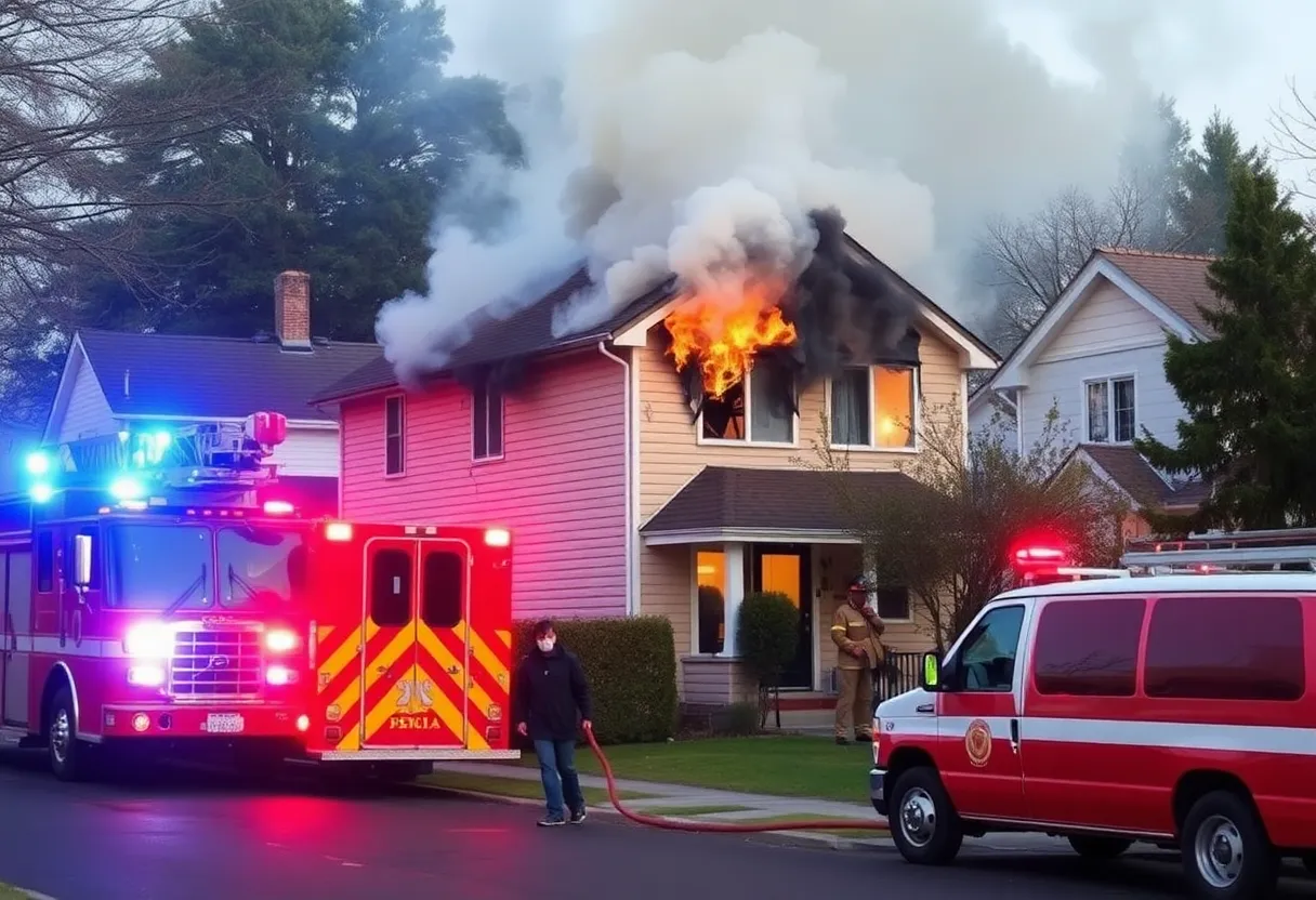 Scene of a house fire in Bloomington, Indiana, with smoke and emergency vehicles.