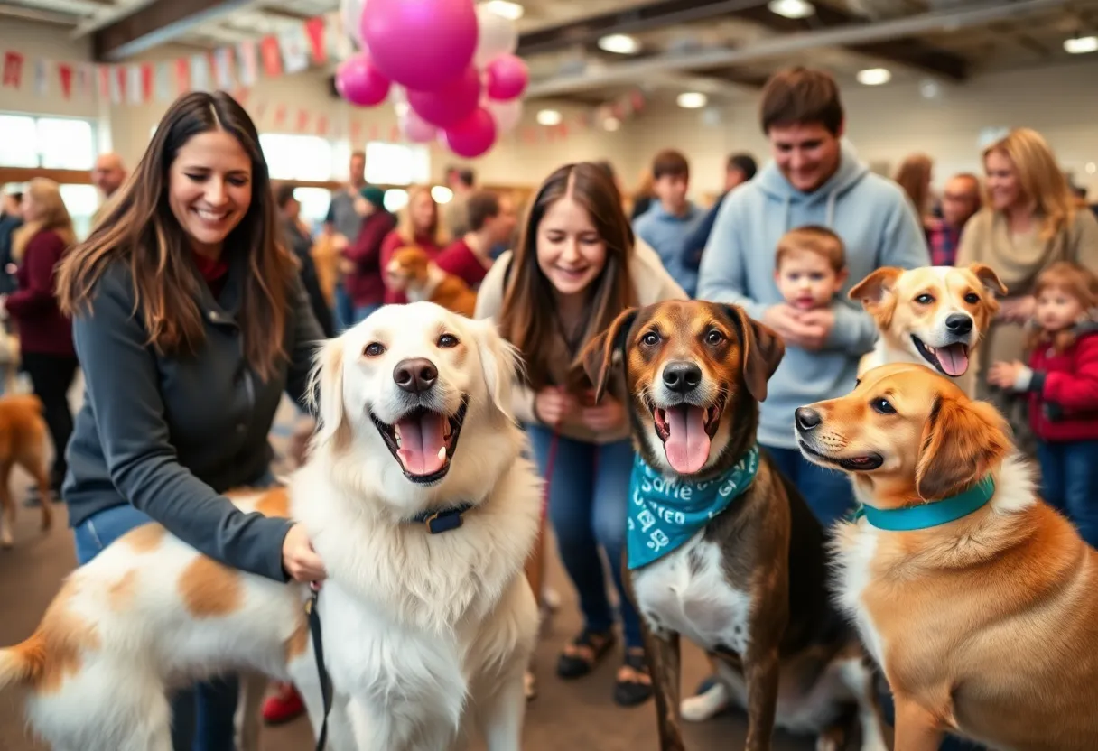 Families interacting with dogs at Boone County's adoption event