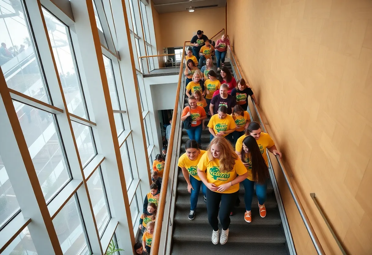 Community participants climbing stairs at the Bop to the Top event in Indianapolis.