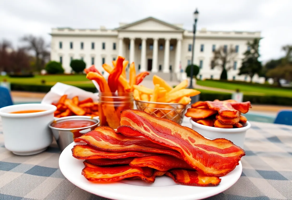 Breakfast spread with bacon dishes at Indiana Statehouse event