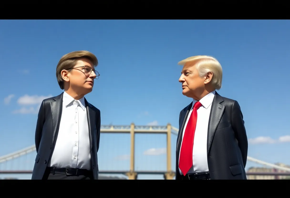 Two identical twin figures representing different political affiliations on a bridge.