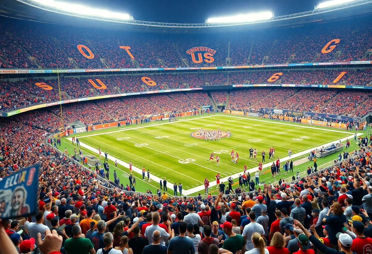 Cleveland Browns football fans celebrating in a stadium during NFL Draft news.