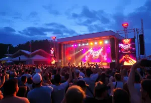 Concert scene from Bruno Mars' Romantic Tour featuring a lively crowd and performance lights.