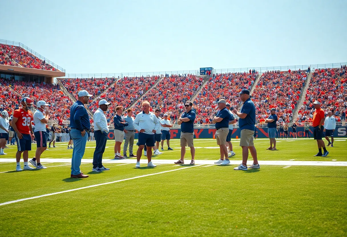Football coaching staff discussing strategies on the field
