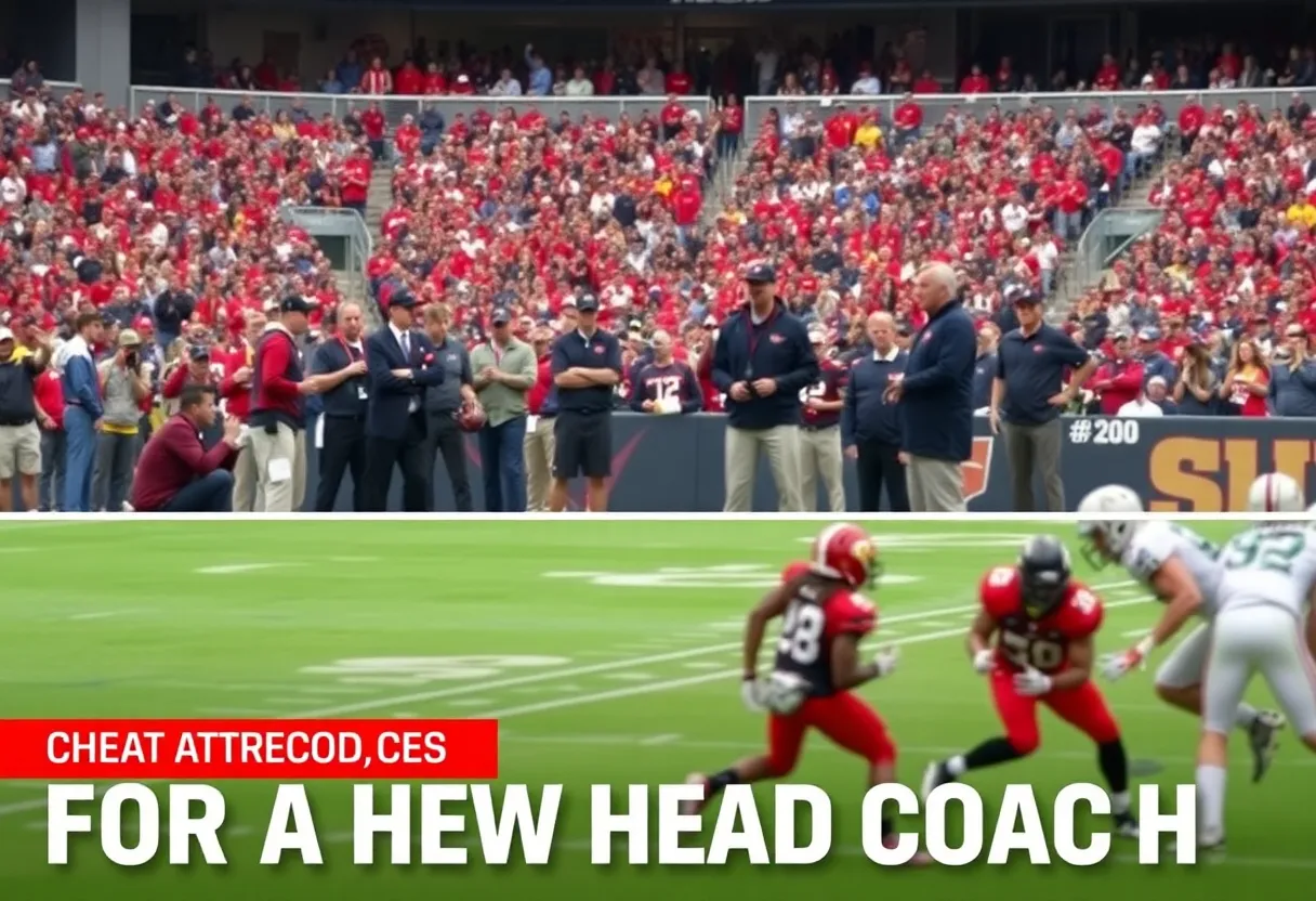 Fans and coaches at a football stadium during the head coaching search.