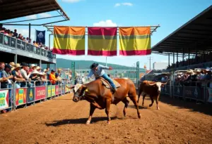 Bull rider in action at Fishers, Indiana event
