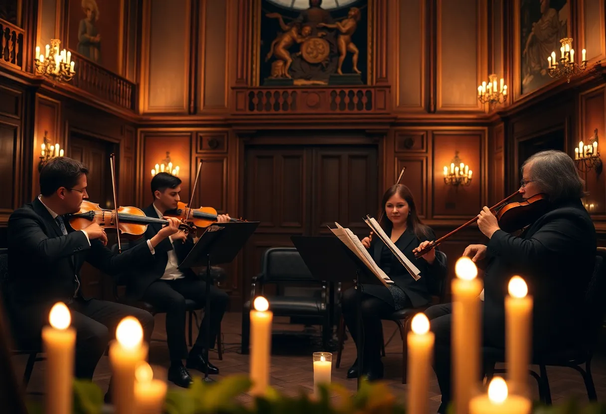 Candlelight concert setting with string quartet