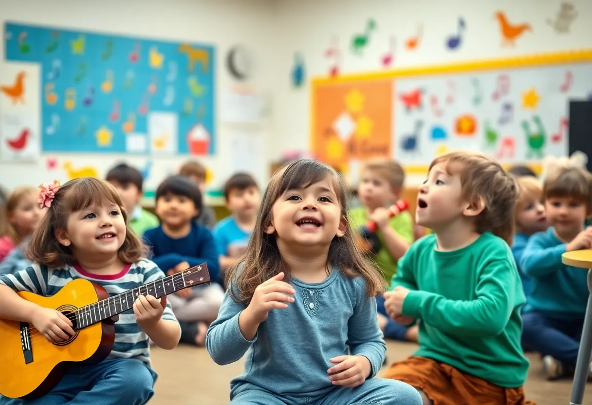 Young children participating in a music class with instruments