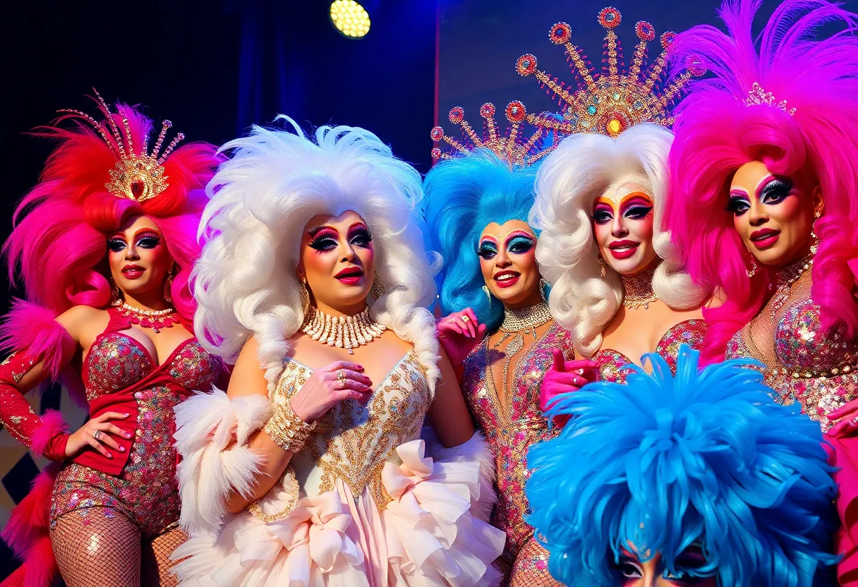Extravagant drag performance with colorful costumes and makeup