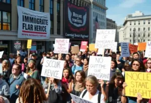 Protesters rallying in Fountain Square, Cincinnati against ICE operations.