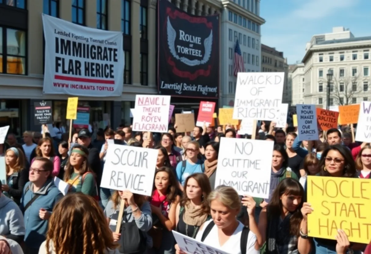 Protesters rallying in Fountain Square, Cincinnati against ICE operations.