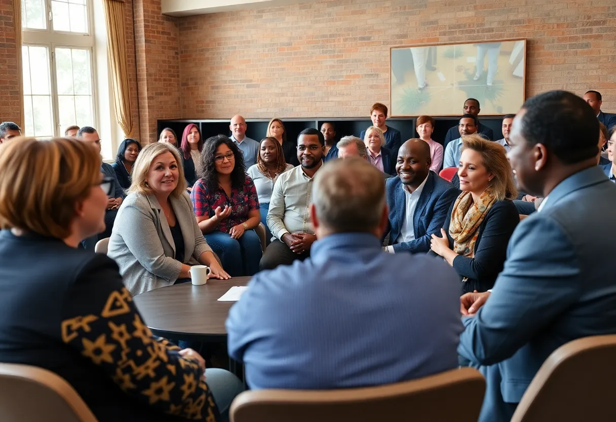 A diverse group of people engaged in a discussion about civic leadership in Indianapolis.