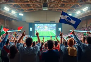 Fans celebrating at a watch party for the College Football Playoff