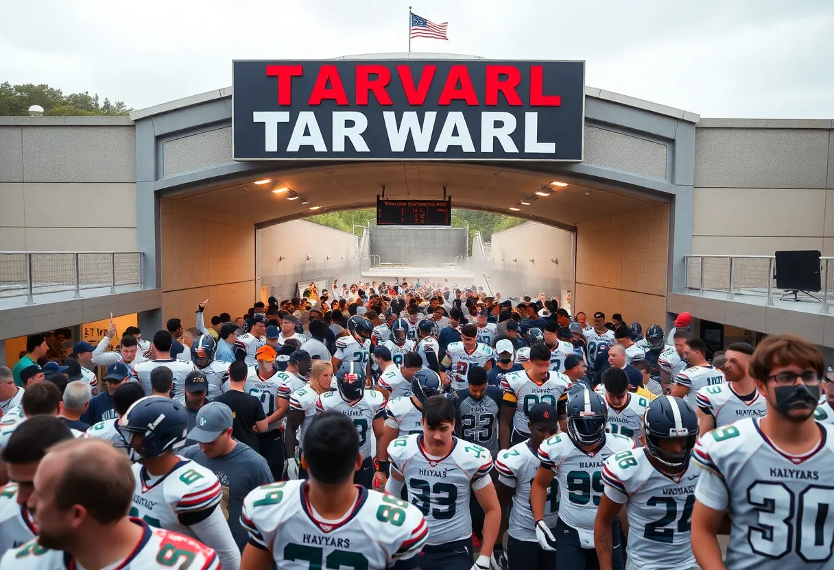 Representation of the college football transfer portal with teams and players in action.