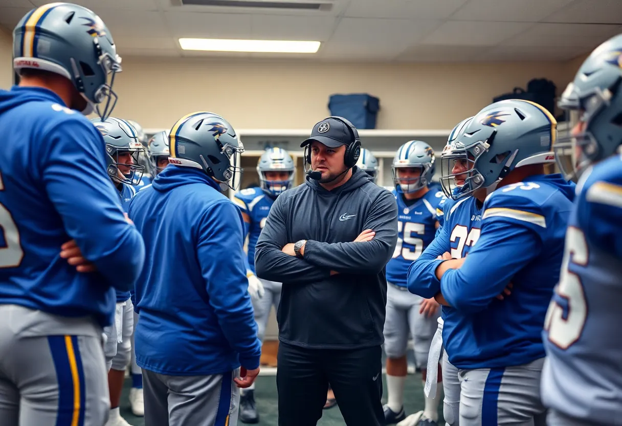 Coaches discussing defensive strategies in a football locker room.