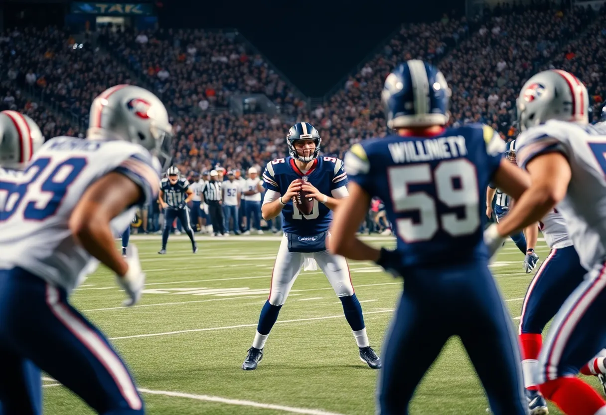 Action scene from an NFL game featuring a quarterback in motion