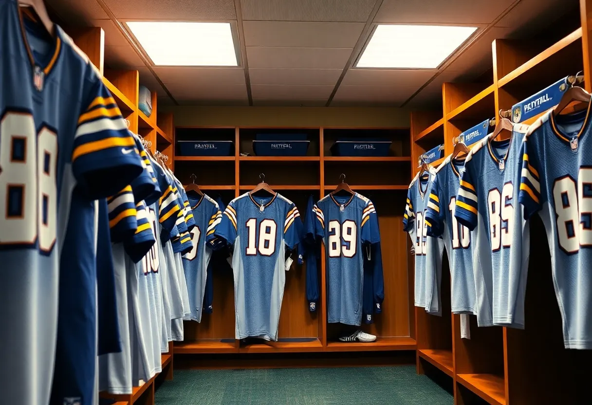 Indianapolis Colts locker room filled with jerseys and sports equipment.