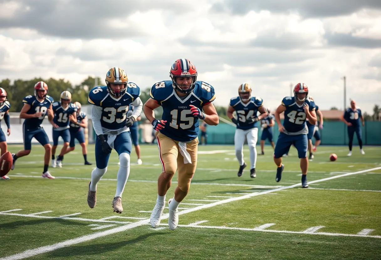 Football field with players during practice illustrating team roster changes