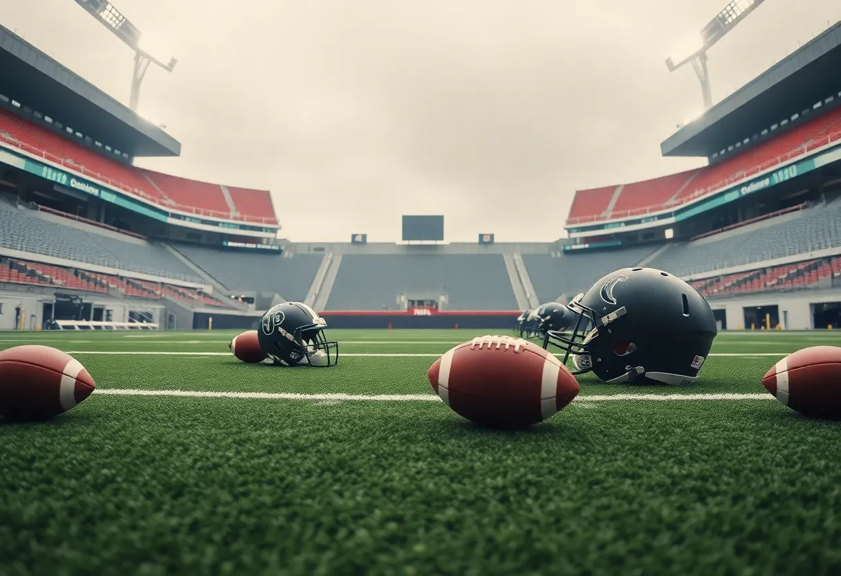 NFL game scene with helmets and footballs