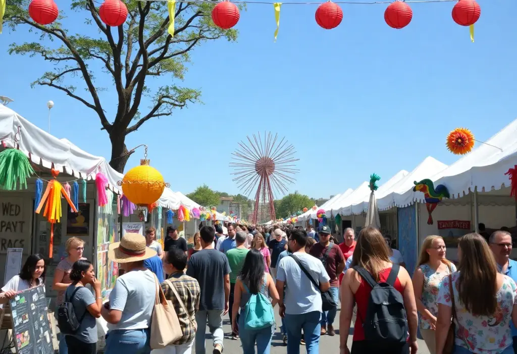 Participants engage in a community arts festival with colorful decorations and performances.