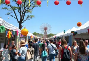 Participants engage in a community arts festival with colorful decorations and performances.