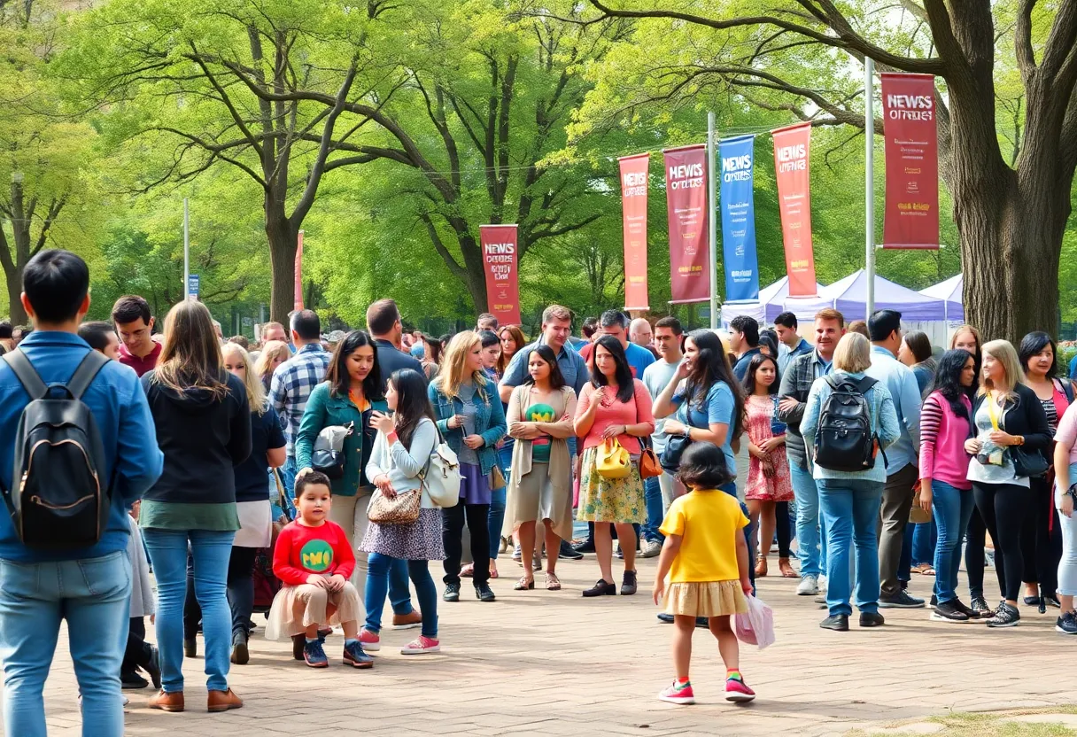 Community members enjoying a day at the park with local news banners around.