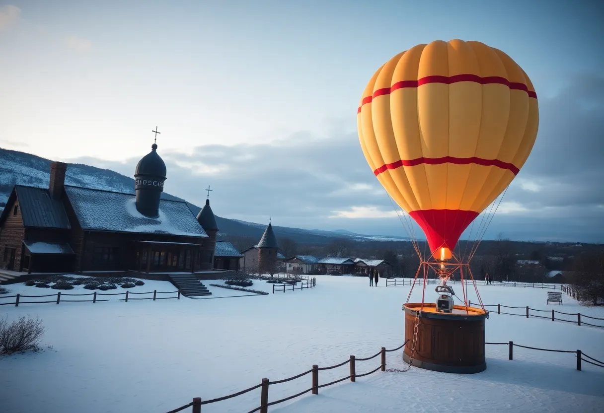 Snowy landscape surrounding the Conner Prairie Balloon Voyage