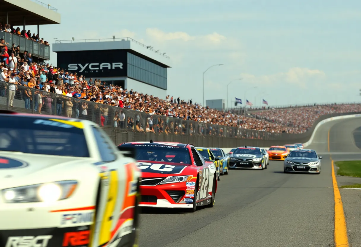 NASCAR race scene with cars and fans at Bowman Gray Stadium