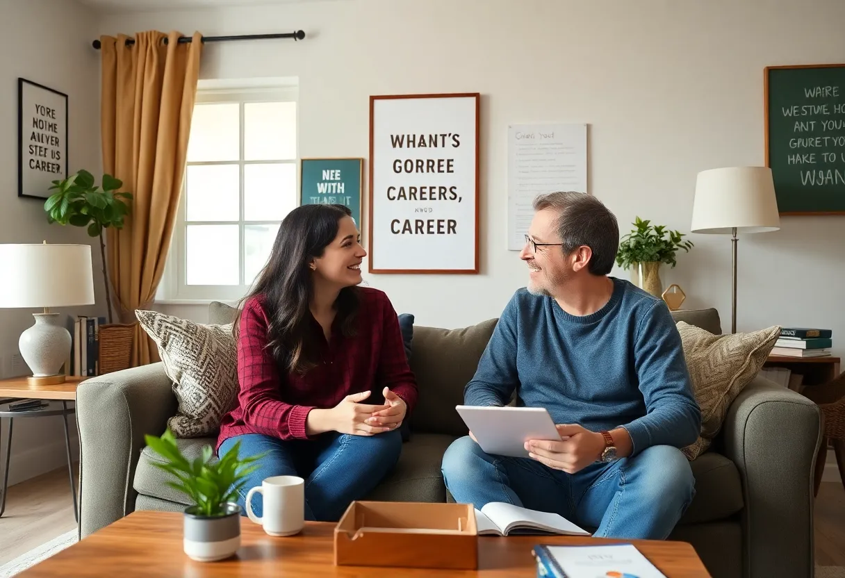 A couple engaged in a discussion about their career transitions in a home setting.