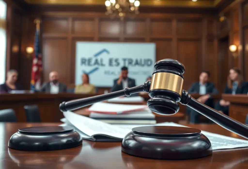 Courtroom scene depicting legal action for real estate fraud