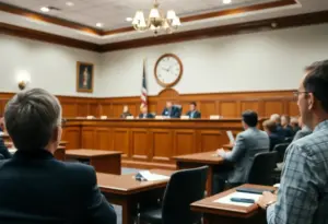 Courtroom session highlighting legal proceedings related to threats against public officials.