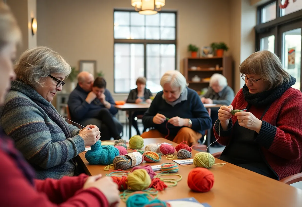 Group of adults participating in a crochet class at Broad Ripple Park.
