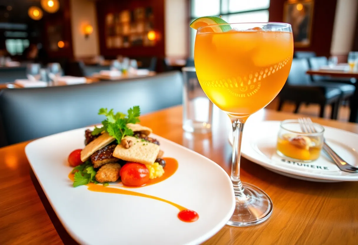 Gourmet dish and award-winning cocktail at Skyline Club Indy