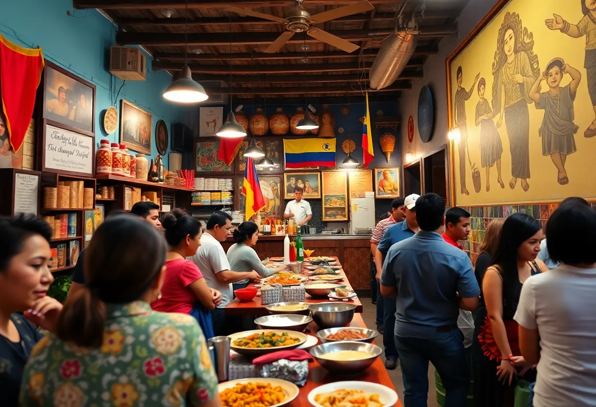 Interior view of Cumaco Arepa House filled with Venezuelan expatriates discussing recent events.
