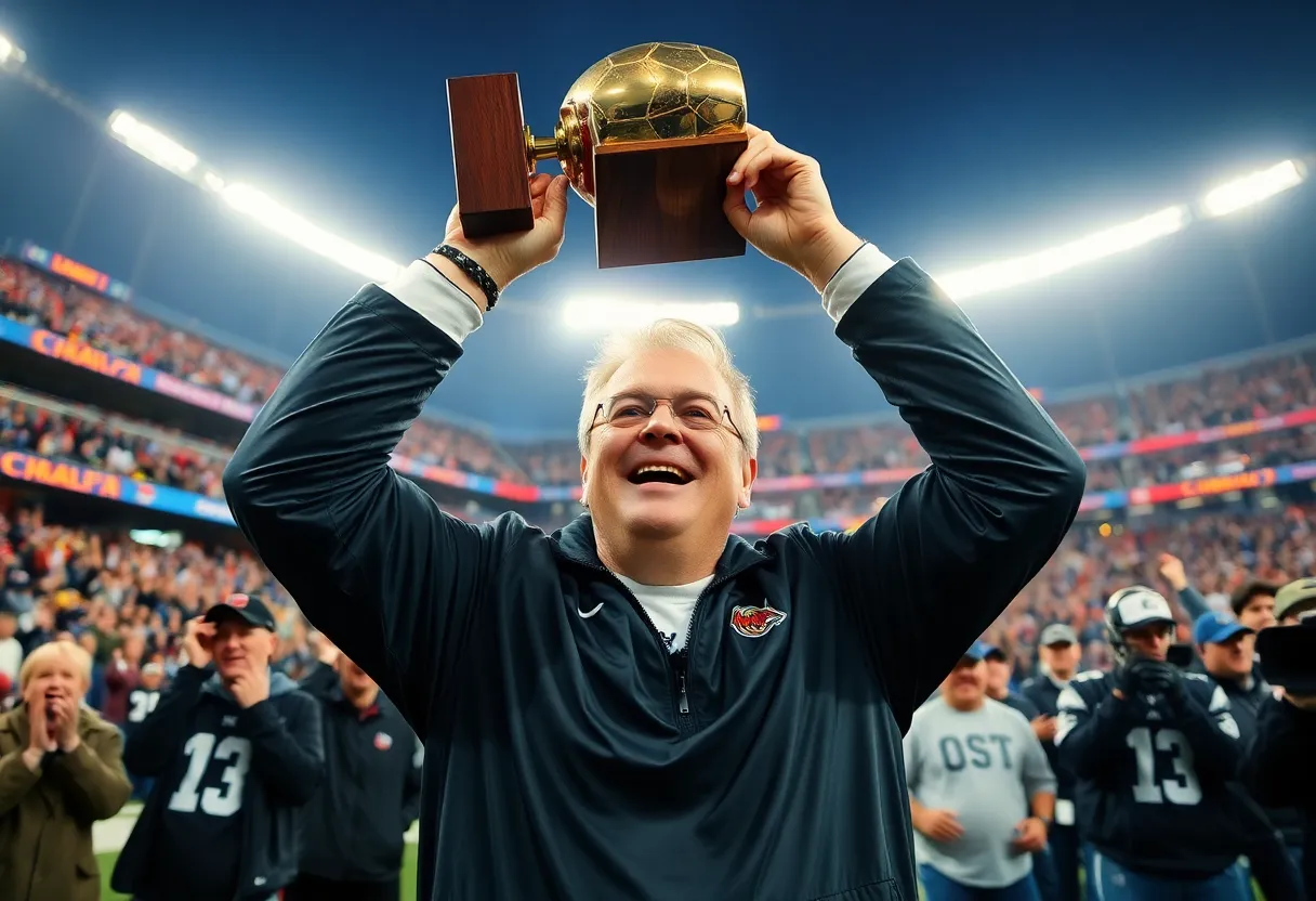 Curt Cignetti holds the Bobby Dodd Trophy in celebration