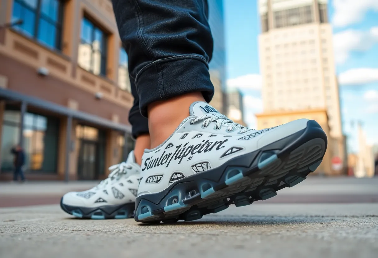 A pair of custom-fit, 3D-printed shoes displayed on a city street in Indianapolis.