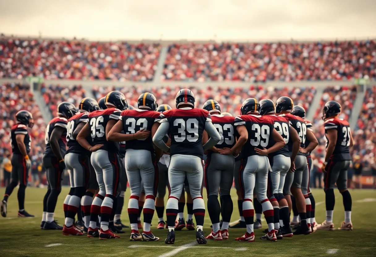 Denver Broncos team huddle on the field