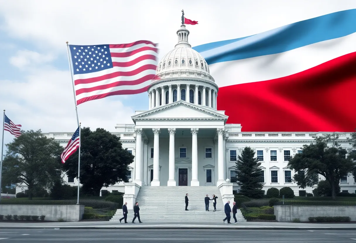 Illustration of DHS funding negotiations emphasizing immigration reforms.