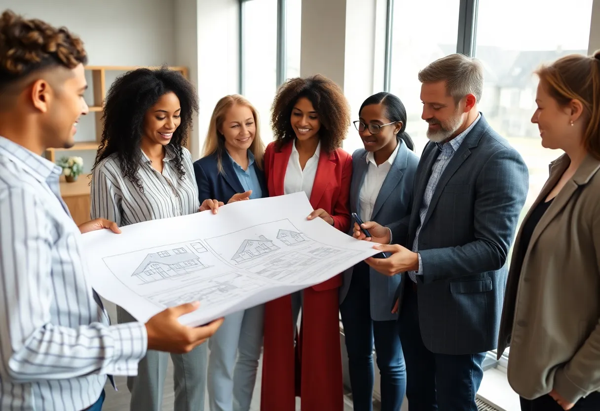 Group of people communicating home building ideas with blueprints