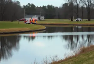 Emergency responders near a retention pond during a rescue operation.