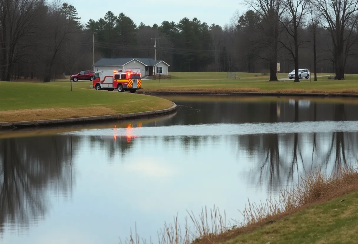 Emergency responders near a retention pond during a rescue operation.