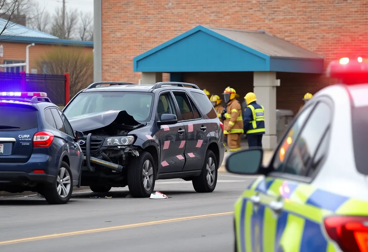 Emergency vehicles at the scene of an SUV crash into a school