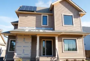 A home renovation project focusing on energy efficiency in Indianapolis, with visible insulation and solar panels.
