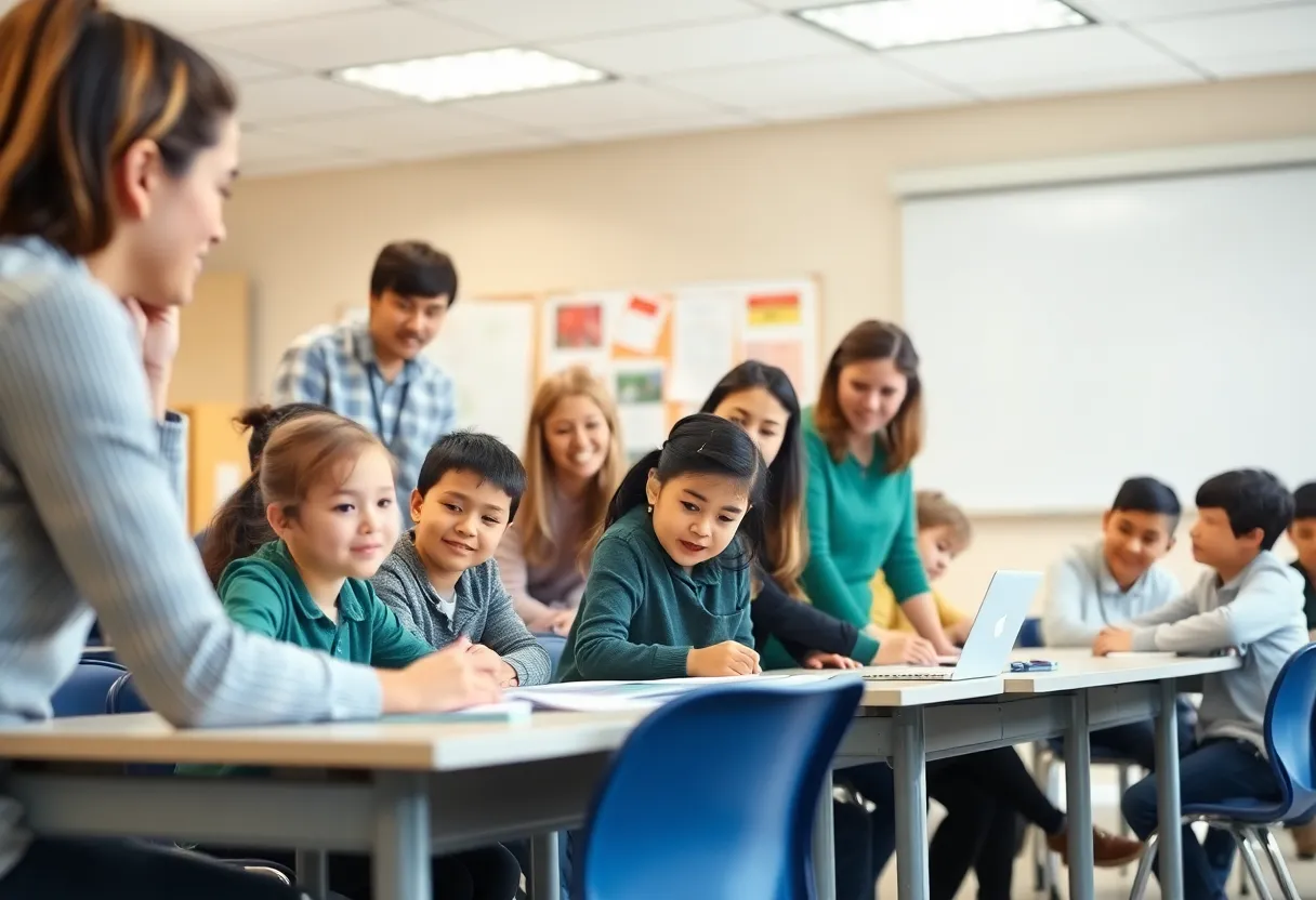Classroom with engaged teachers and students in a collaborative learning session.