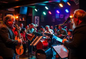 Crowd enjoying a lively jazz concert featuring musicians.